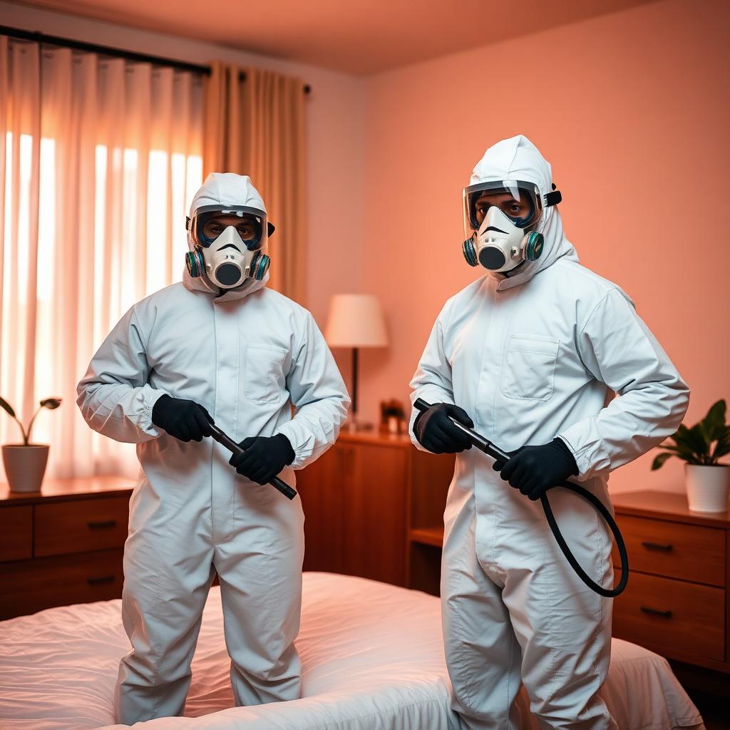 Traceless biohazard cleaning technician in full white PPE suit and respirator decontaminating a UK residential room.