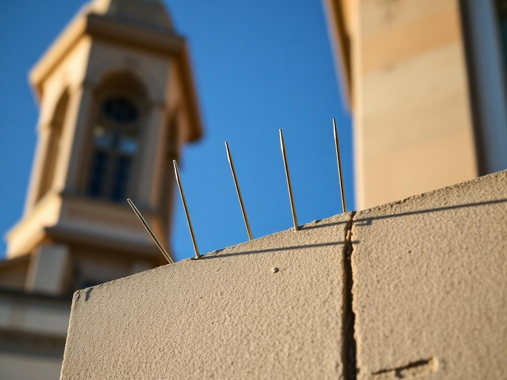 Discreet stainless steel bird spikes and mesh installed along a UK building ledge to humanely prevent pigeon roosting.