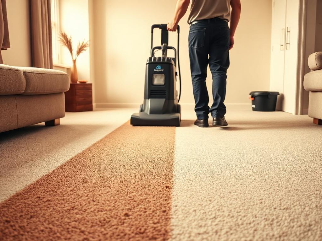 Professional hot-water extraction carpet cleaner leaving a bright clean trail across a stained beige carpet — before-and-after effect.