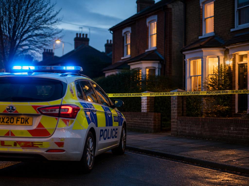 Yellow police crime scene tape and a British police car with blue lights cordoning off a UK residential property at dusk.