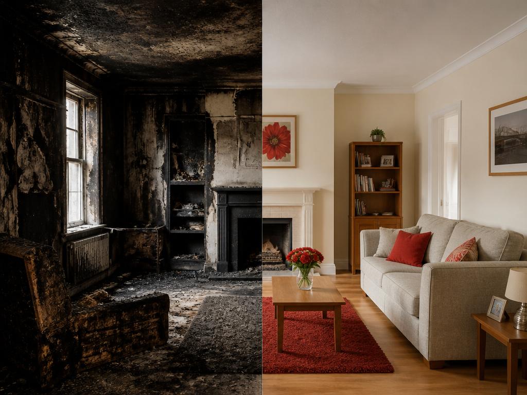 Split before-and-after view of a fire-damaged living room — soot-blackened destruction on the left, fully restored and clean interior on the right.