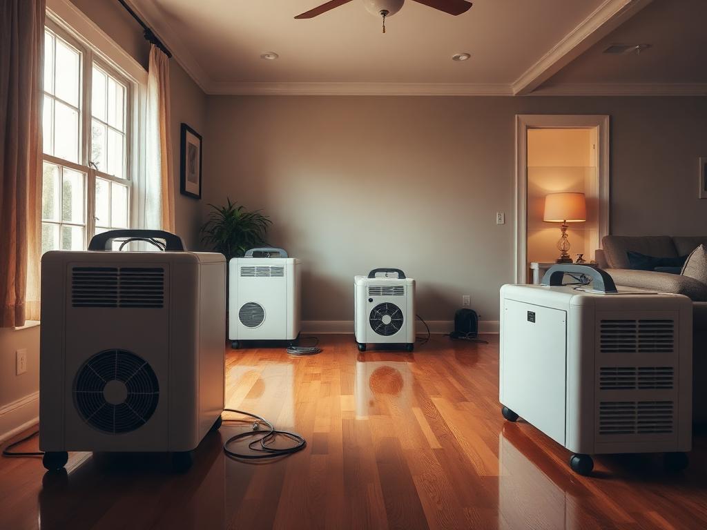 Flood restoration technicians using industrial extractors and dehumidifiers to dry a flooded UK living room after water damage.