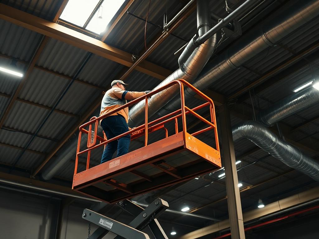 IPAF-trained Traceless technician on a MEWP cherry picker cleaning exposed steel beams and ducts at height inside a UK warehouse.
