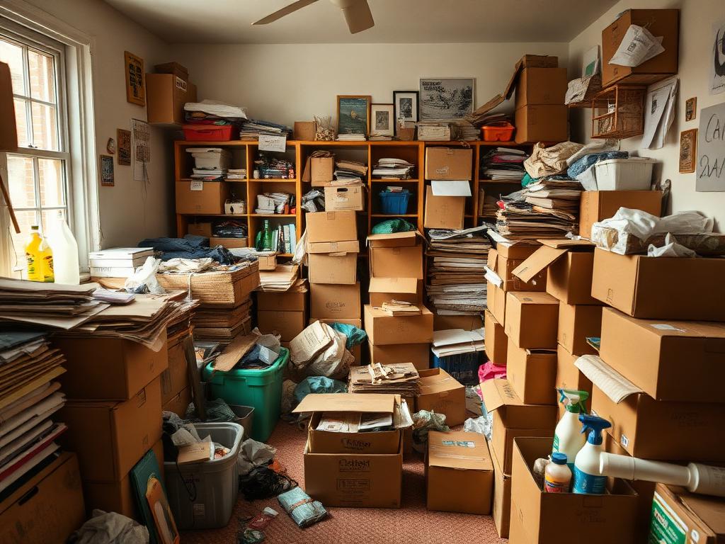 Traceless team carefully sorting and clearing a heavily hoarded UK living room, respecting personal belongings during the deep clean.