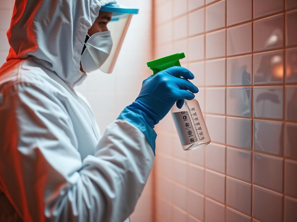 Traceless operative in gloves and PPE spraying enzyme biocide onto a wall while cleaning human waste from a neglected property.