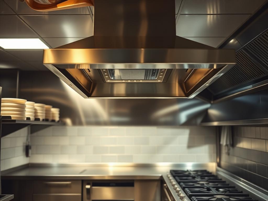 TR19-compliant commercial kitchen deep clean — technician degreasing an extraction canopy and stainless steel ductwork.