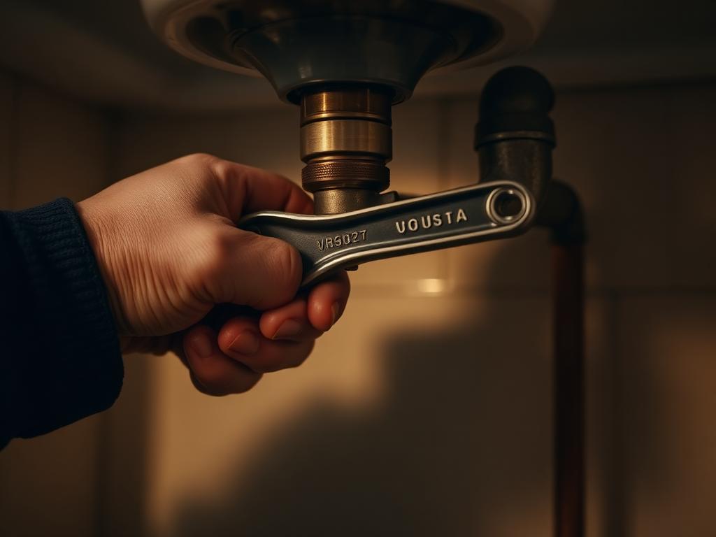 Plumber repairing a burst copper pipe under a UK kitchen sink after leak detection, with tools laid out ready for reinstatement.
