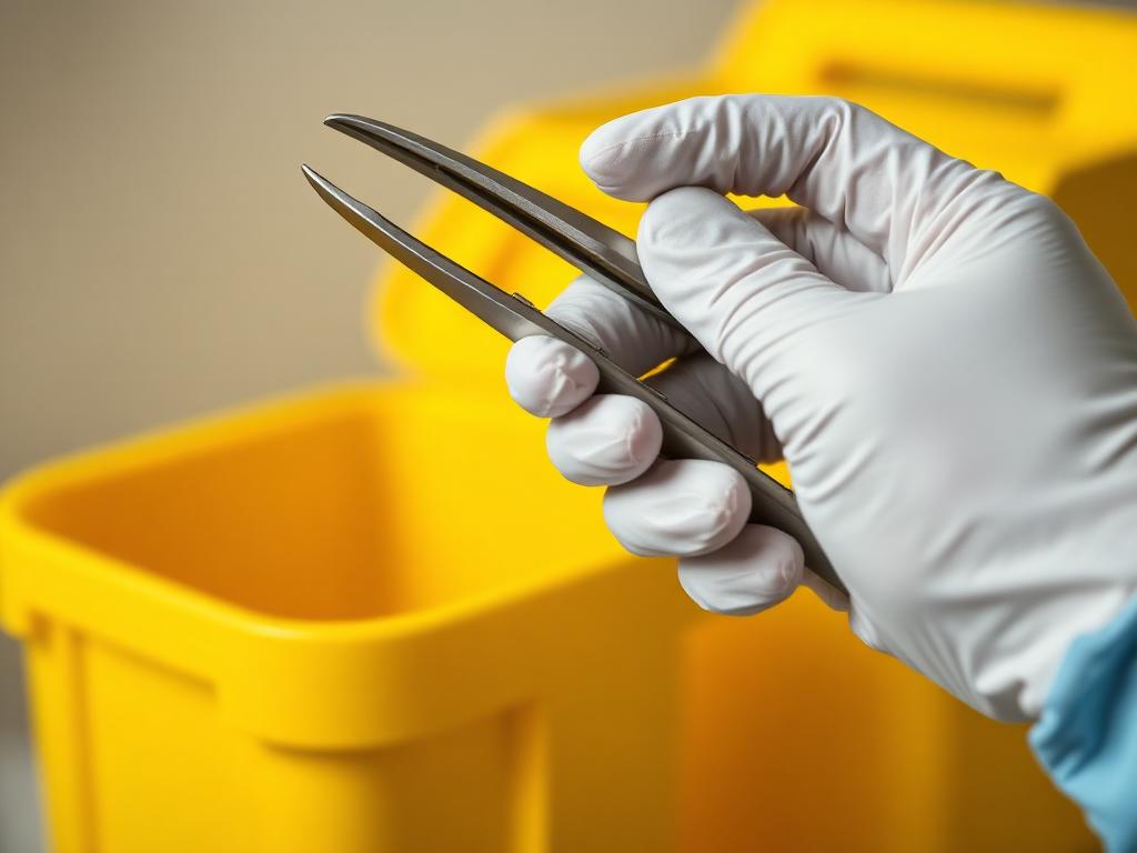 Gloved Traceless technician safely collecting a discarded hypodermic needle into a yellow sharps container during a needle sweep.