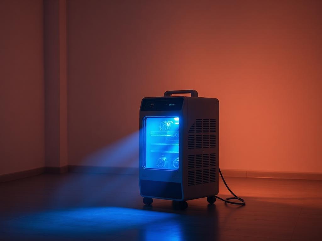 Ozone generator running in the centre of a UK living room during a stand-alone odour removal and sanitisation treatment.