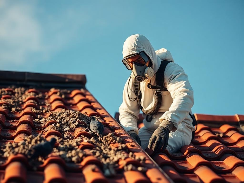 Technician in full PPE and respirator removing pigeon guano and contaminated nesting material from a UK loft space.