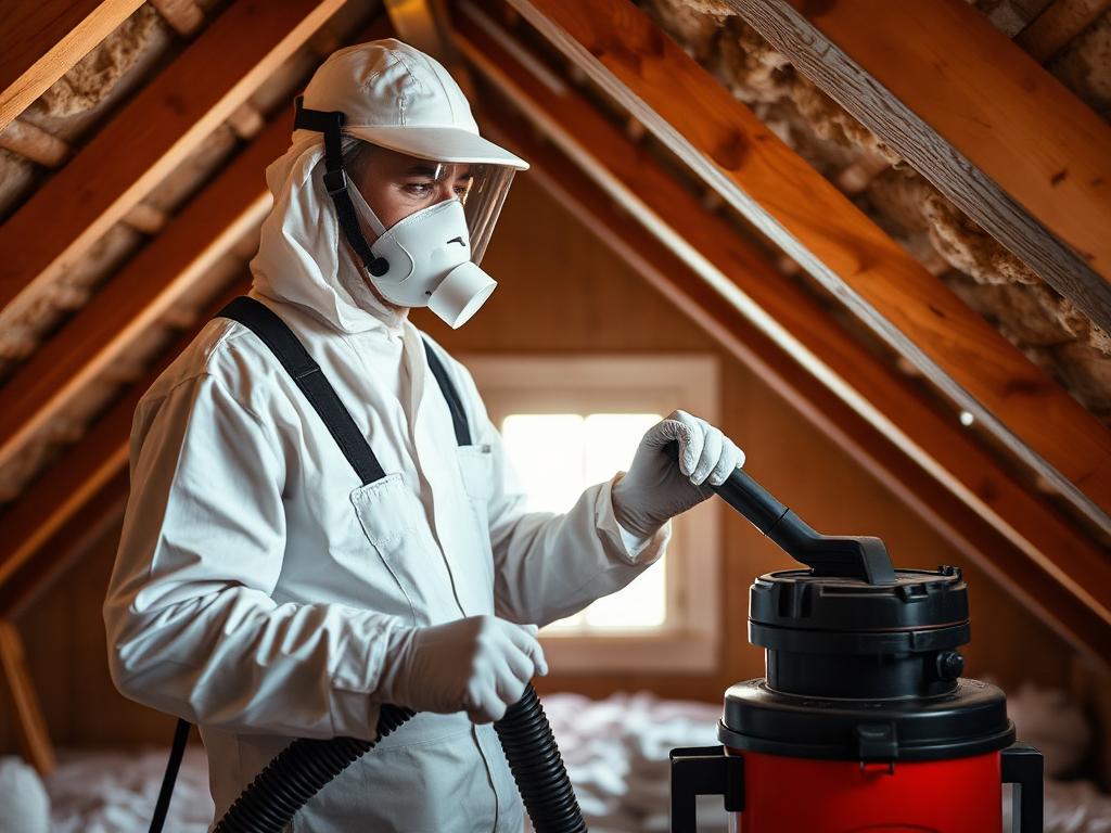 Technician HEPA-vacuuming rat and mouse droppings from a loft cavity before antimicrobial fogging following a rodent infestation.