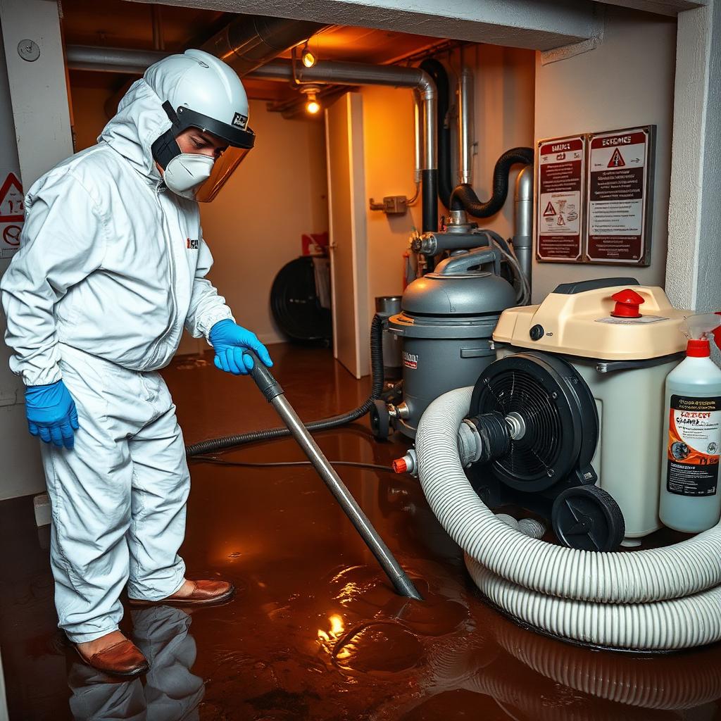 Sewage cleaning specialist in full PPE extracting dark contaminated water from a flooded UK basement with industrial pumping equipment.