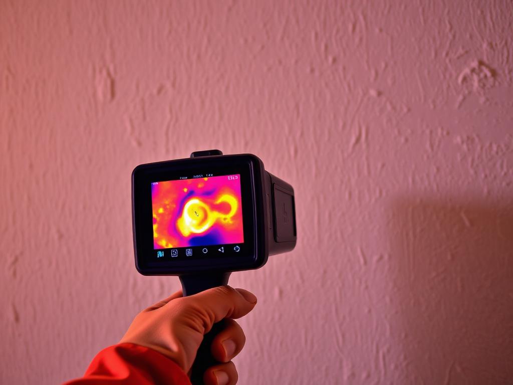Leak detection specialist using a thermal imaging camera on a plastered wall to trace a hidden water leak with minimal disruption.