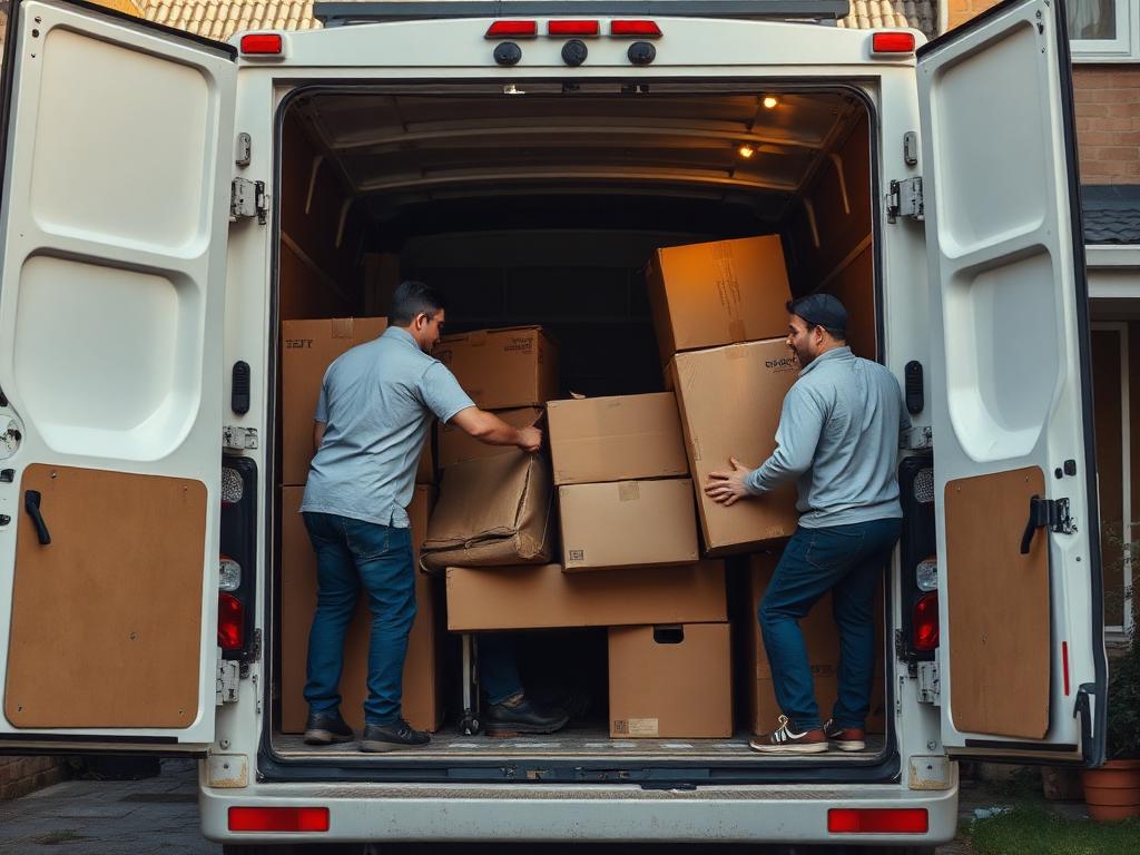 Licensed waste carriers loading contaminated furniture and general waste into a Traceless van during a property clearance.